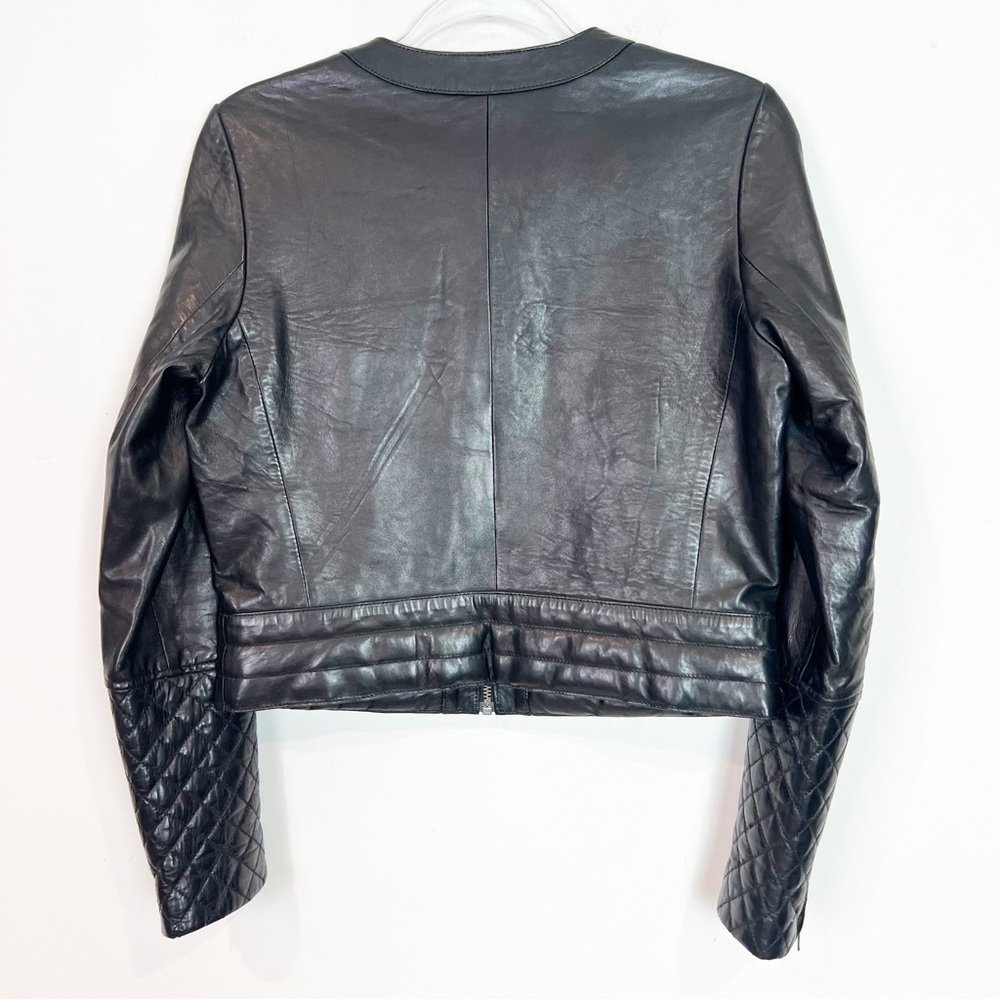 Women's Black Quilted Sleeve Leather Jacket - Picture 4 of 5